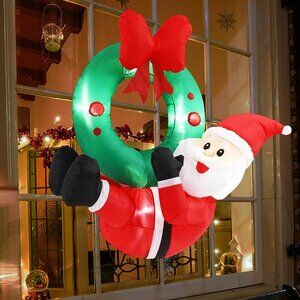 Hanging Christmas Inflatable Santa with Wreath and Lights for Door or Yard